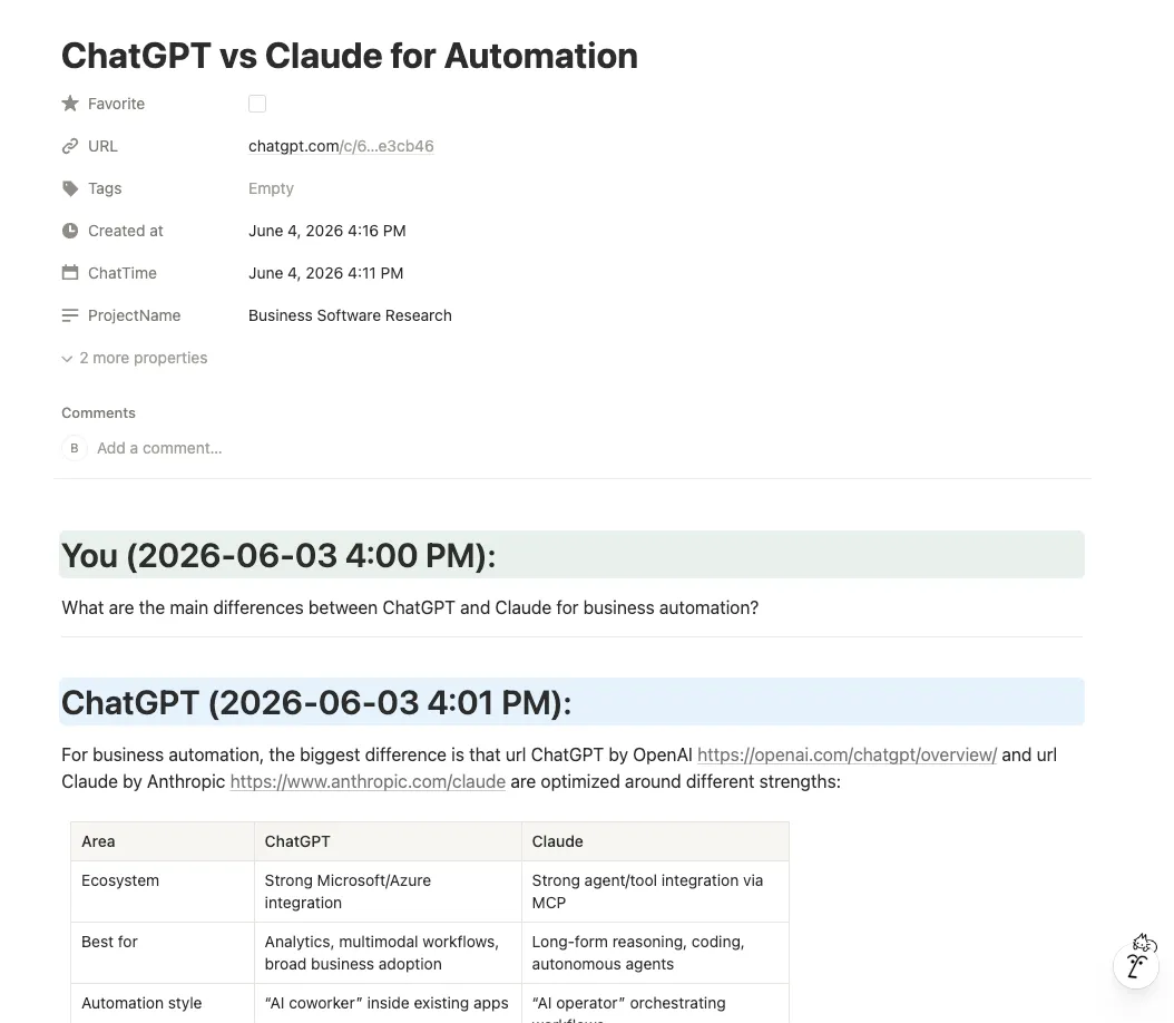 Exported ChatGPT conversation page in Notion