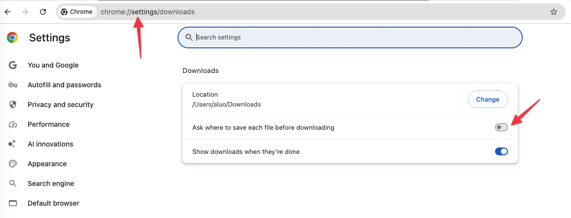 Chrome download setting for ask where to save each file