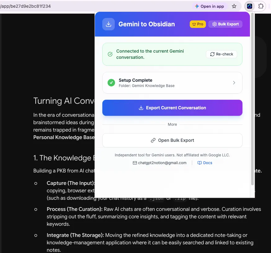 Exporting the current Gemini chat as an Obsidian-ready Markdown file