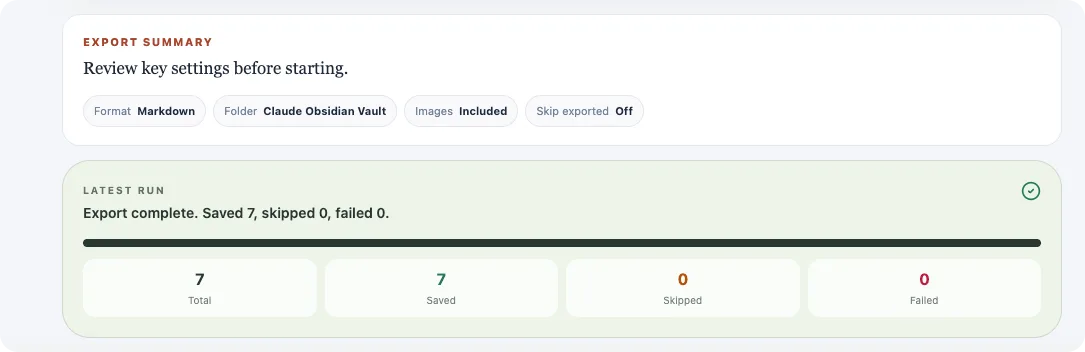 Claude Exporter completion report showing saved Markdown conversations