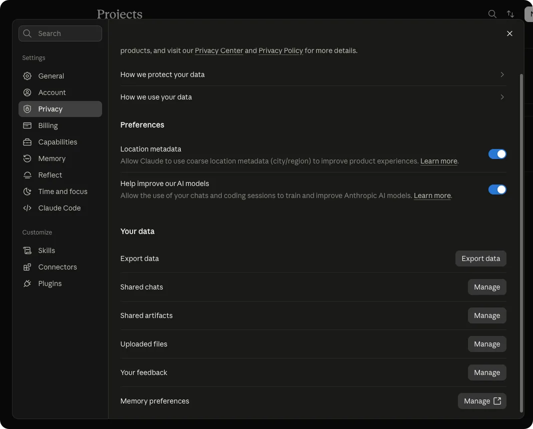 Claude Settings → Privacy → Export data, from a real Claude backup walkthrough